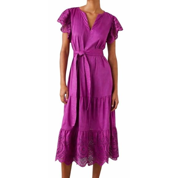 Soft Surroundings Dresses & Skirts - Soft Surroundings Dress XL Petite Purple Midi Eyelet Tiered Belted Cotton Pocket